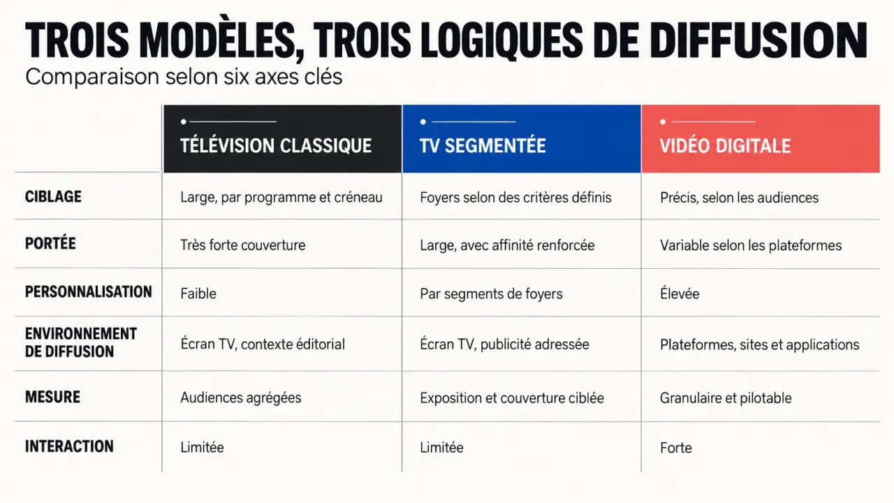 Comparaison entre TV classique, TV segmentée et vidéo digitale