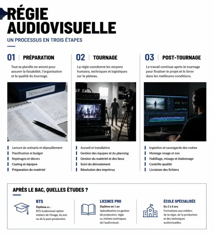 Régie télévision étude à faire : schéma des études après le bac et des étapes du métier de régisseur audiovisuel