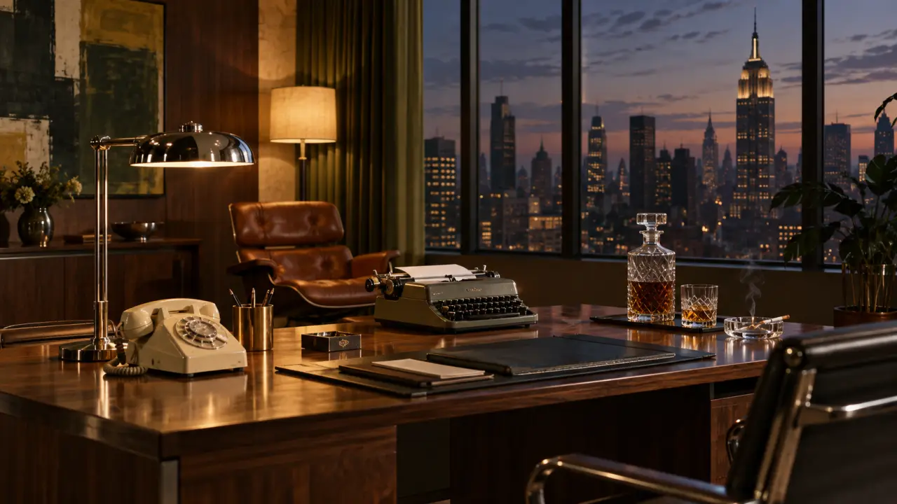 Salon élégant inspiré d’un décor de la série Mad Men, mobilier des années 1960 et lumière dramatique