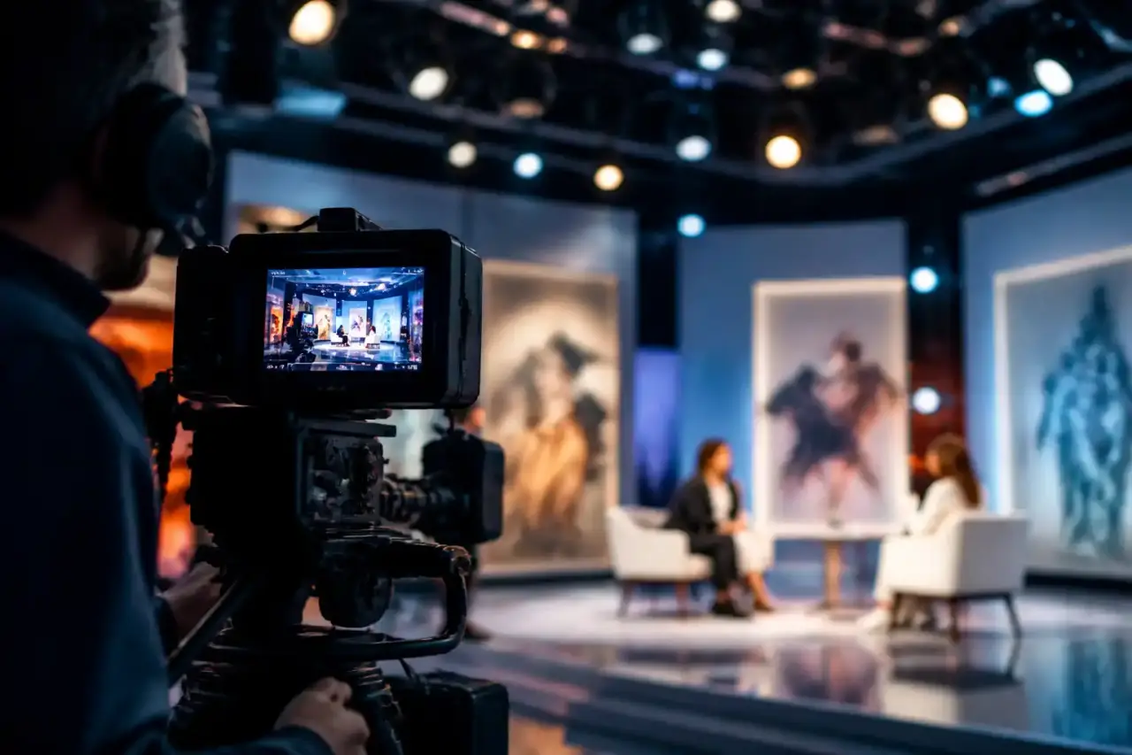 Une télévision élégante diffusant une œuvre d'art classique dans un intérieur minimaliste