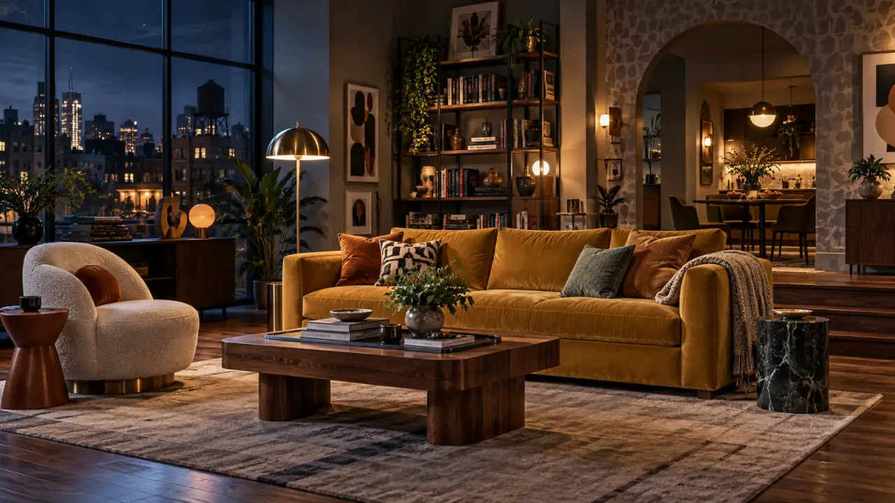 Décor de salon de sitcom soigneusement composé, avec mobilier rétro et éclairage cinématographique