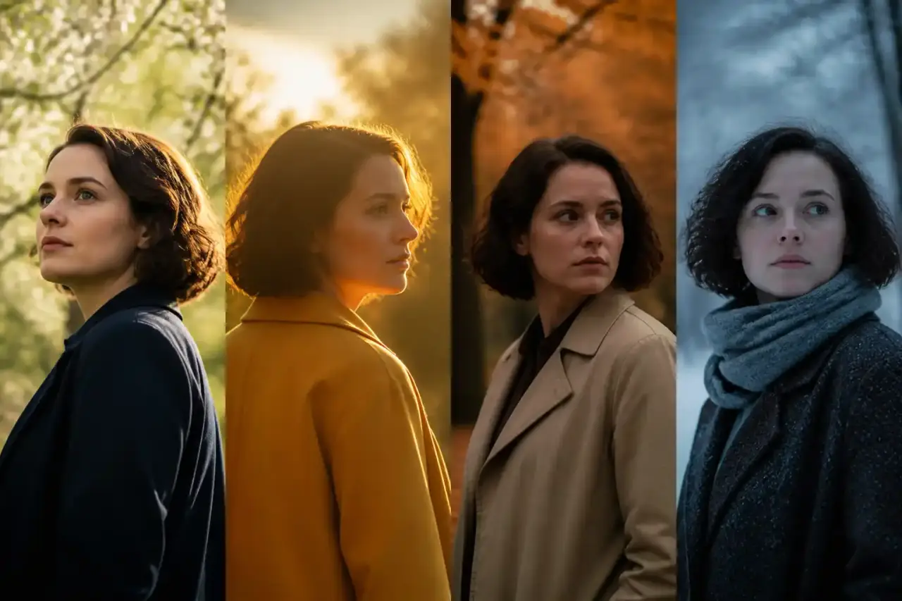 Grille de plans de séries télévisées montrant l'évolution de la lumière naturelle au fil des saisons