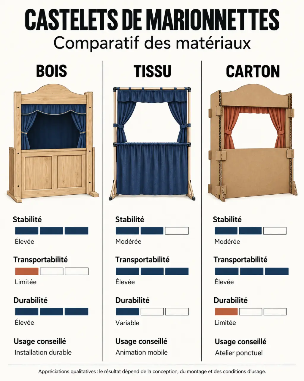 Comparaison des matières pour un marionnette theatre : castelets en bois, tissu et carton