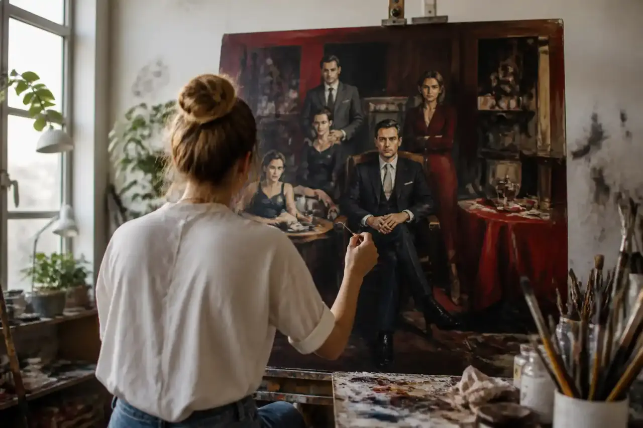 Composition artistique cinématique, télévision vintage dans une galerie d'art moderne minimaliste