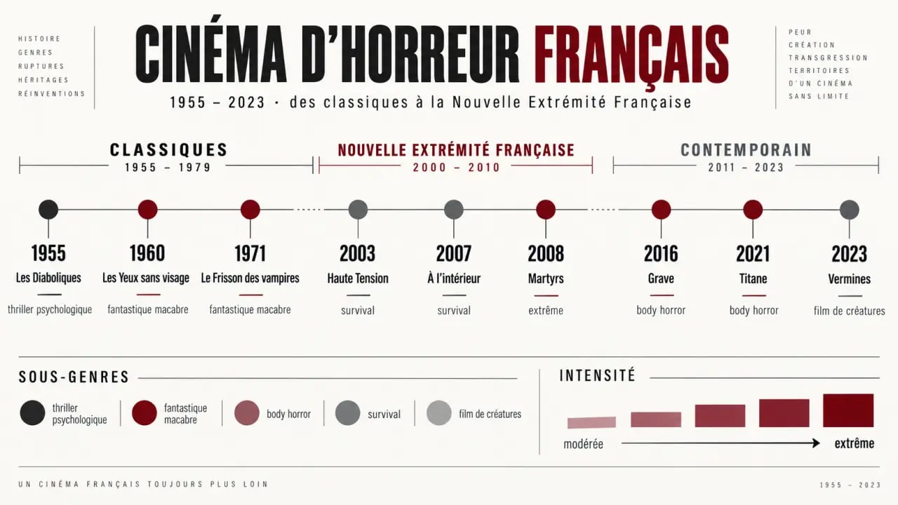 Frise chronologique du film horreur france, des classiques aux œuvres contemporaines