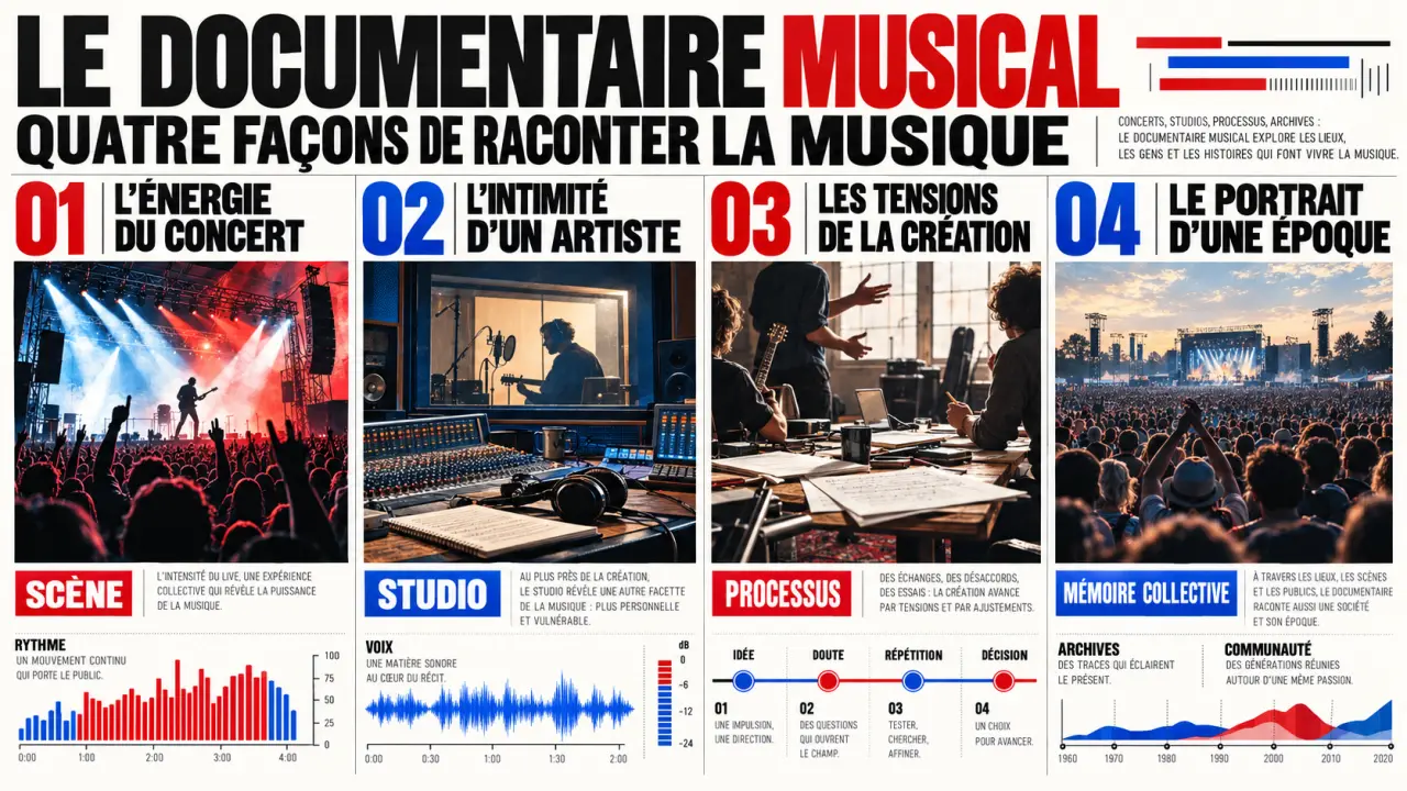 Infographie éditoriale sur les documentaires musicaux et leurs différents formats
