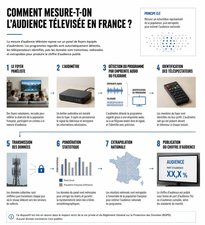 Schéma expliquant comment sont mesurées les audiences de la télévision, du panel au chiffre national