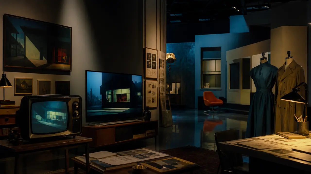 Télévision vintage présentée comme une œuvre d'art dans une galerie minimaliste