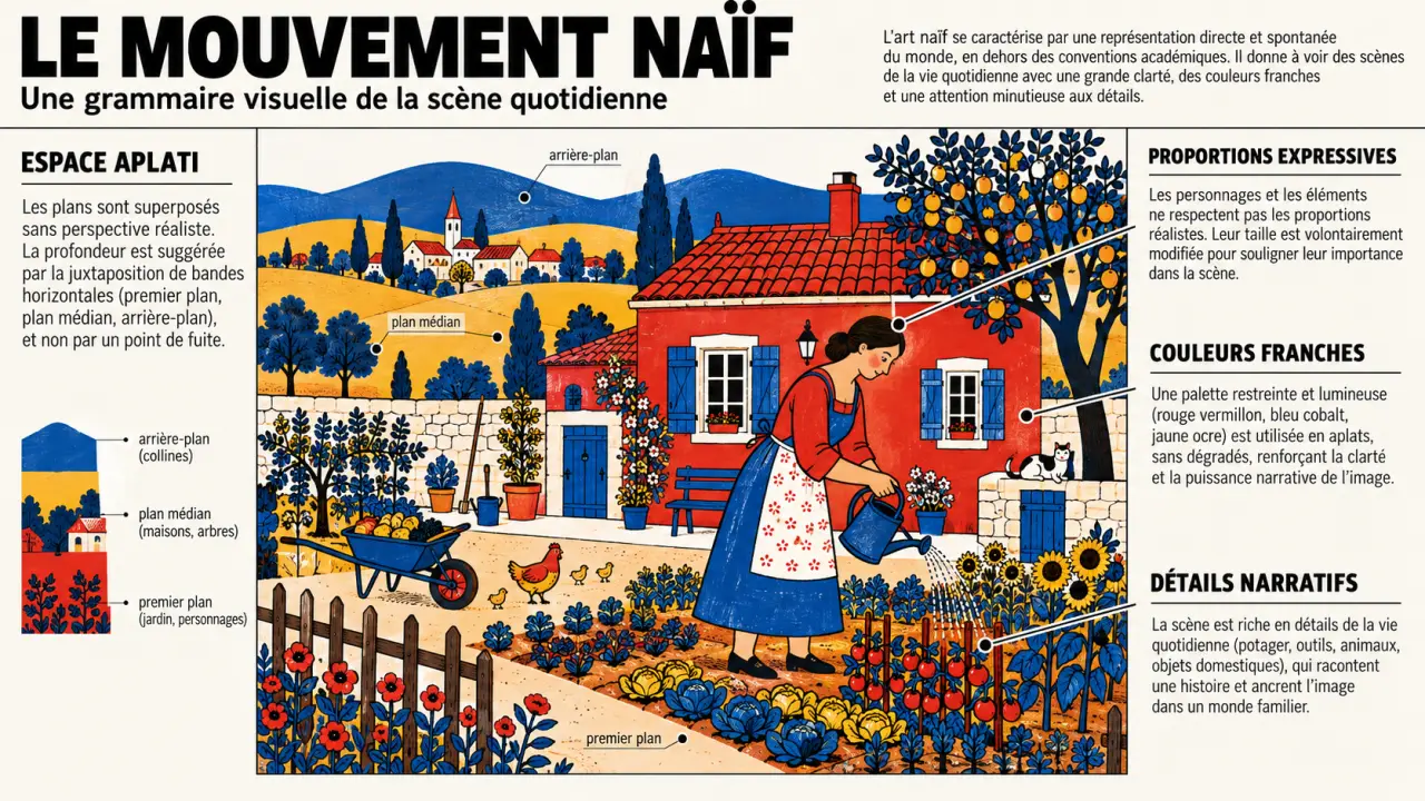 Caractéristiques visuelles du naive art movement : perspective aplatie, couleurs franches et détails narratifs