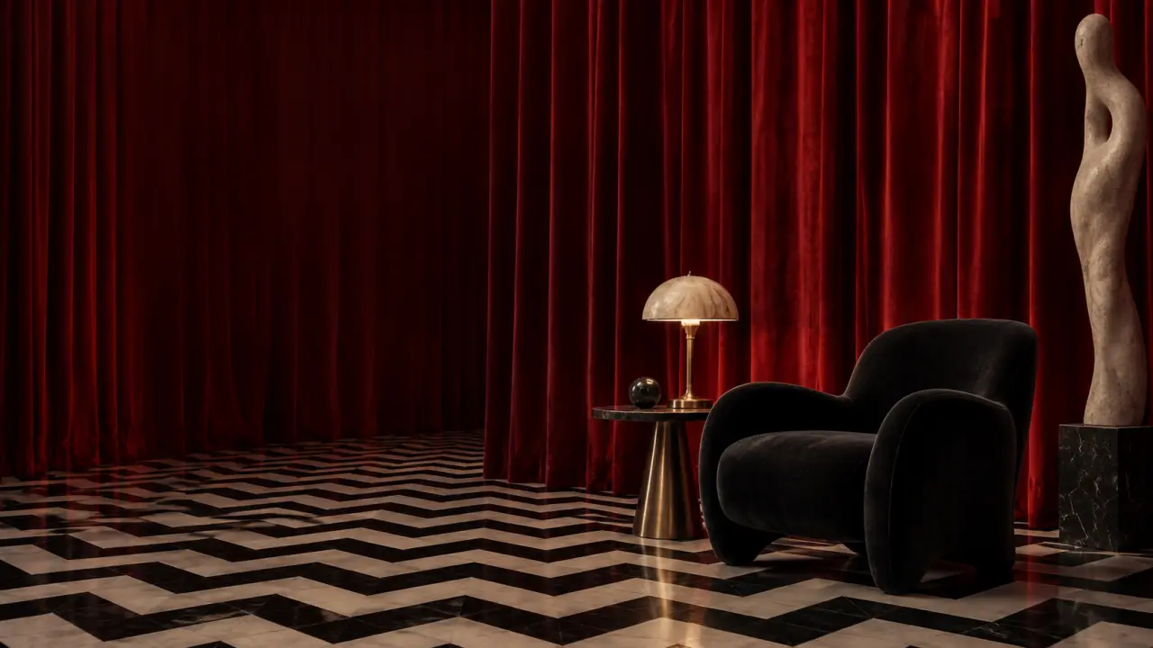 Le salon rouge de Twin Peaks, avec ses rideaux rouges et son sol en zigzag noir et blanc