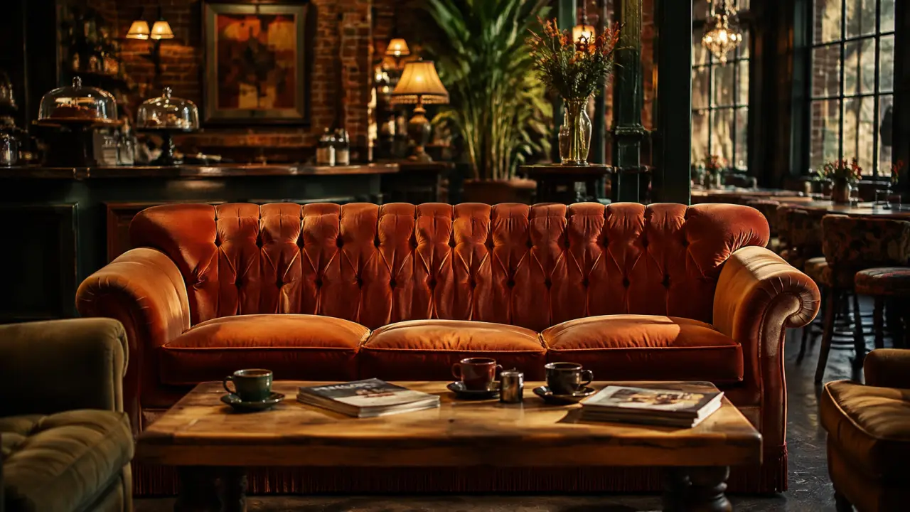 Canapé emblématique inspiré du décor de la série Friends dans un salon new-yorkais