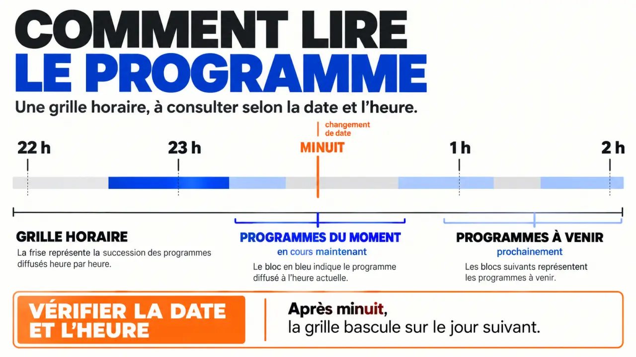 Infographie du tvmonaco programme avec grille horaire, programmes du moment et programmes à venir