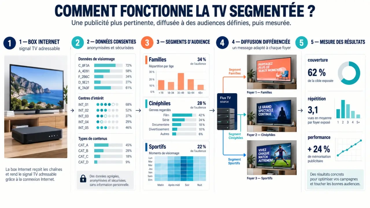 Schéma du fonctionnement de la TV segmentée, de la box Internet à la diffusion ciblée
