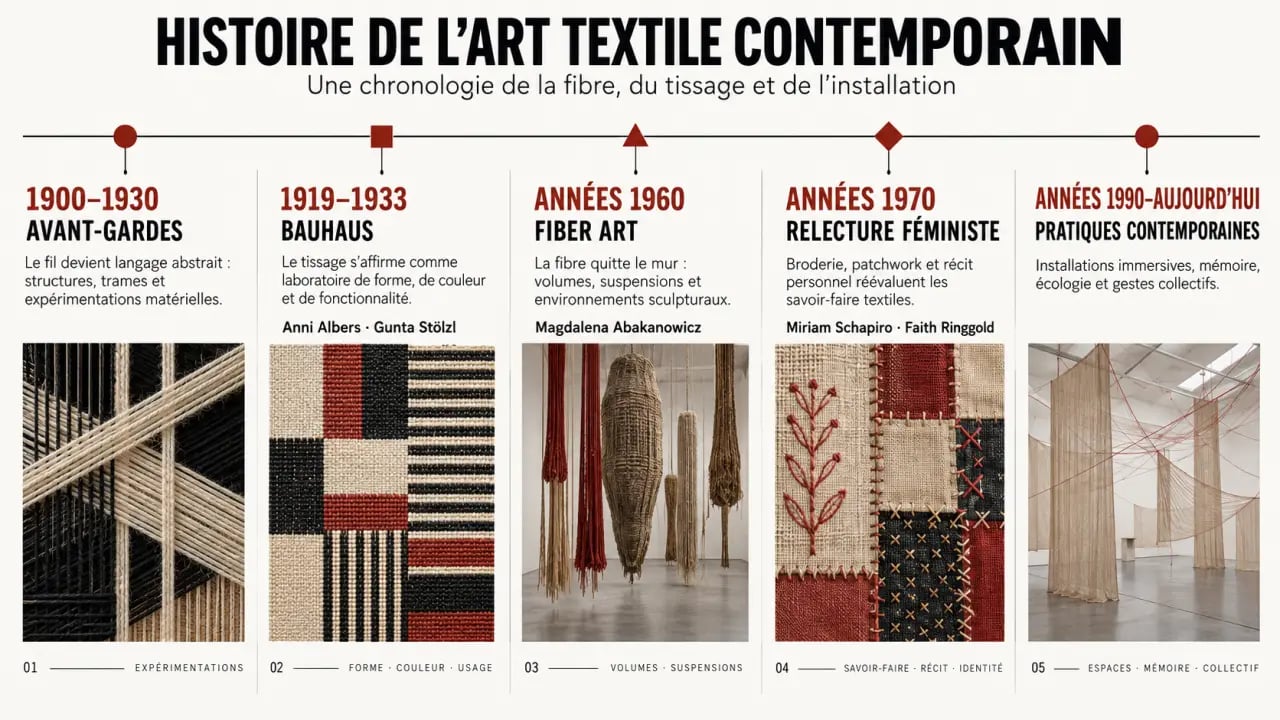 Frise chronologique de l’histoire de l’art textile contemporain, du Bauhaus au Fiber Art et aux pratiques actuelles