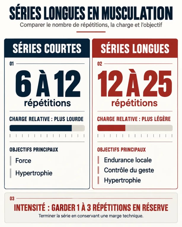 Infographie comparative sur les séries longues en musculation et les séries courtes