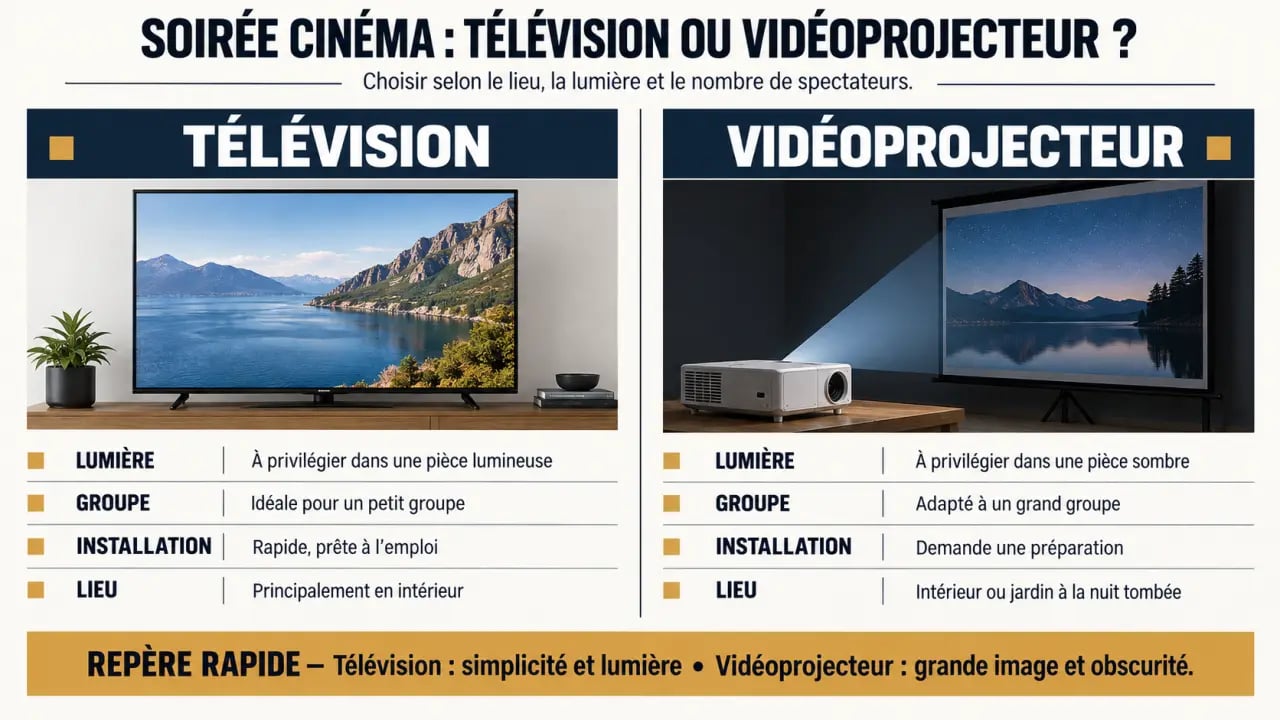 Soirée cinéma : comparaison entre télévision et vidéoprojecteur selon la pièce et le nombre d'invités
